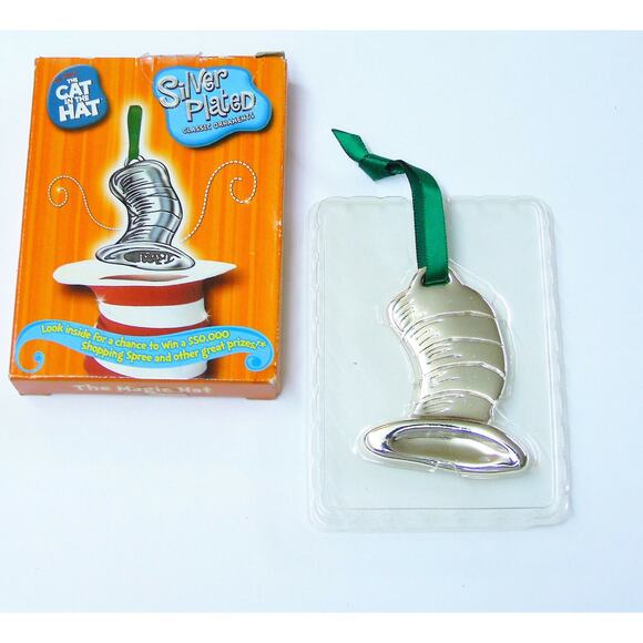 Dr Suess Cat In The Hat Christmas Ornament Silver Plate Tall Magic Hat New Box - Picture 4 of 4